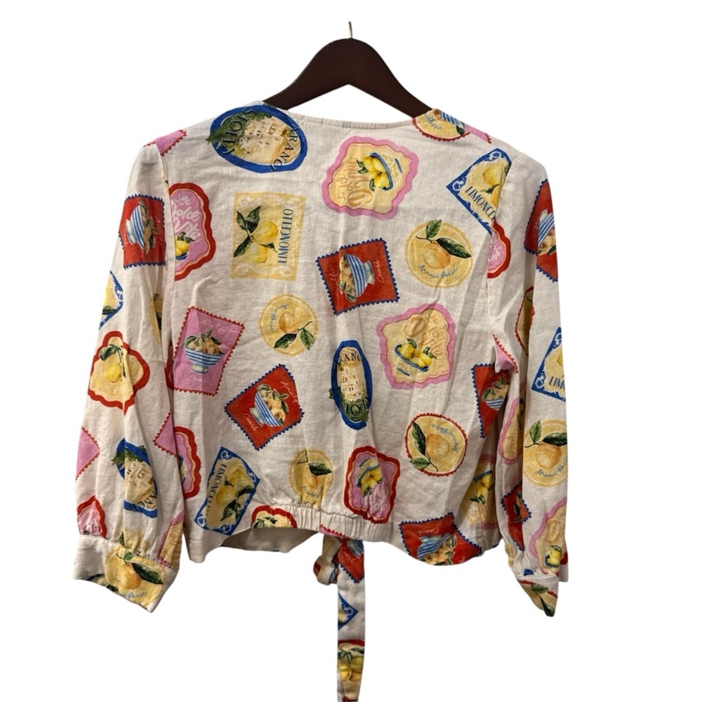 JOIE Women's Lemon Print Linen Blend Tie Front Button Top size M - Picture 2 of 9